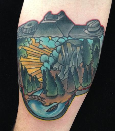 Tattoos - Traditional color camera with mountain scene inside tattoo. Gary Dunn Art Junkies Tattoo - 94053